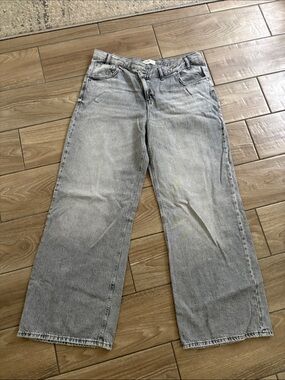 Pull&Bear baggy wide-leg blue denim jeans asymmetrical crossover button SZ 14